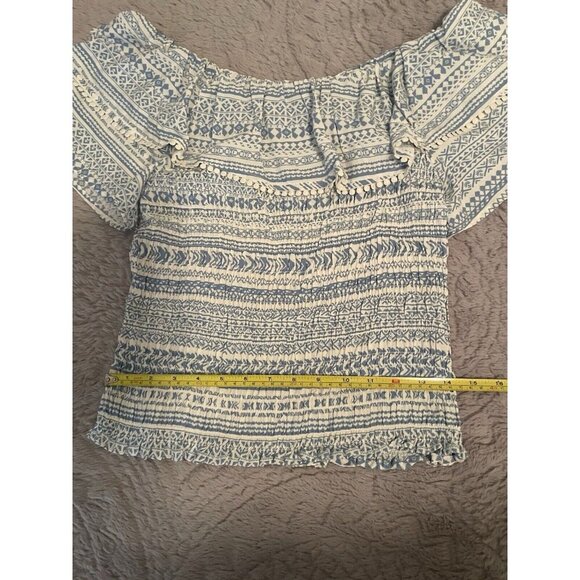 Cato Stretch Off the Shoulder Blue and White Womens Top with Circle Fringe Sz L - Picture 5 of 7